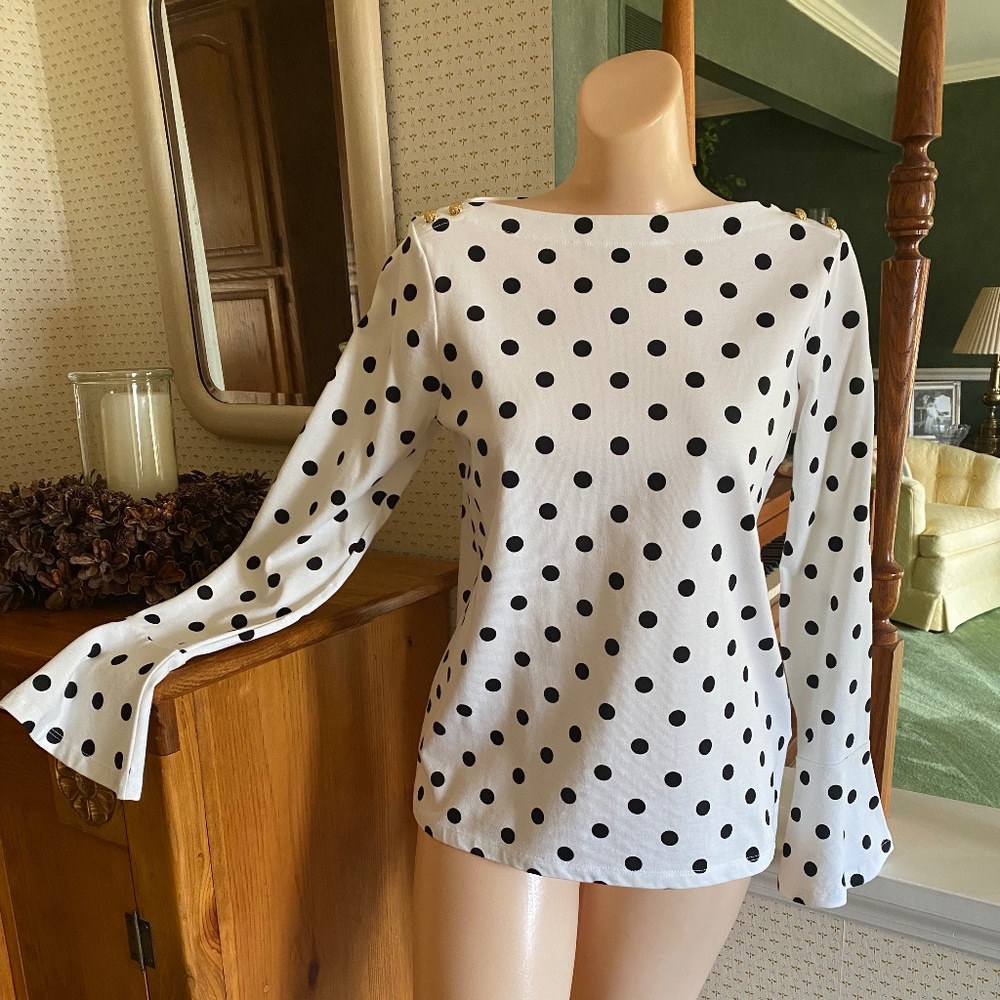 Ralph Lauren Bell Sleeve, Boat Neck, Polka Dot Top, Size Small, Black on White